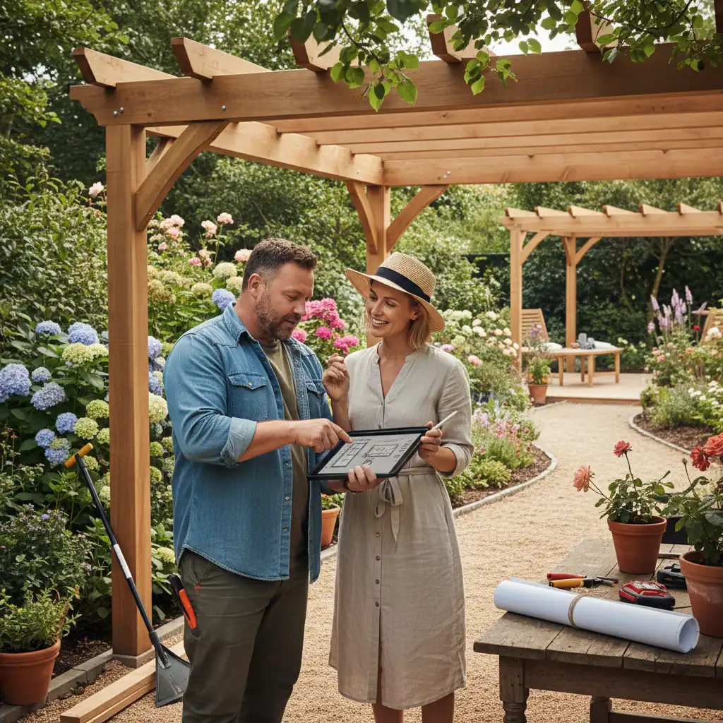 Homeowner consulting with a professional builder about pergola plans