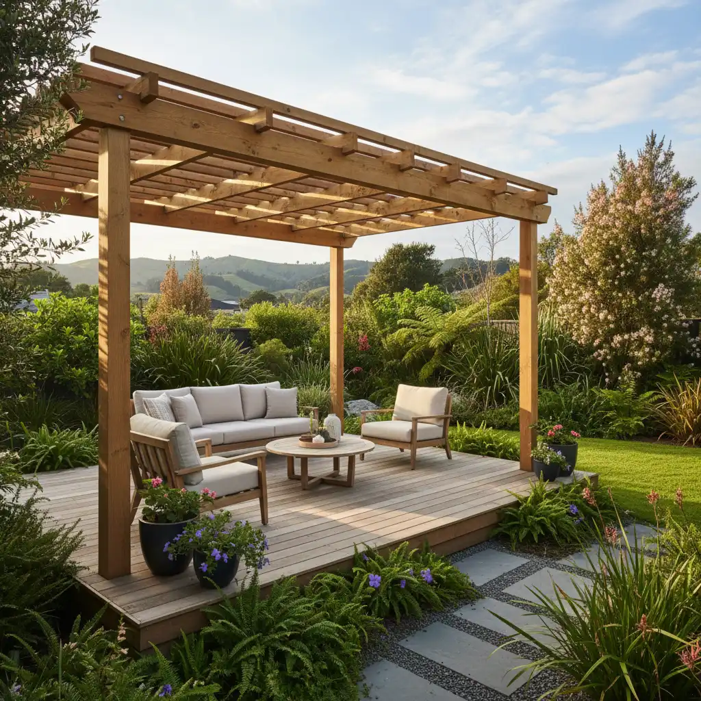Modern wooden pergola on a timber deck in a garden setting