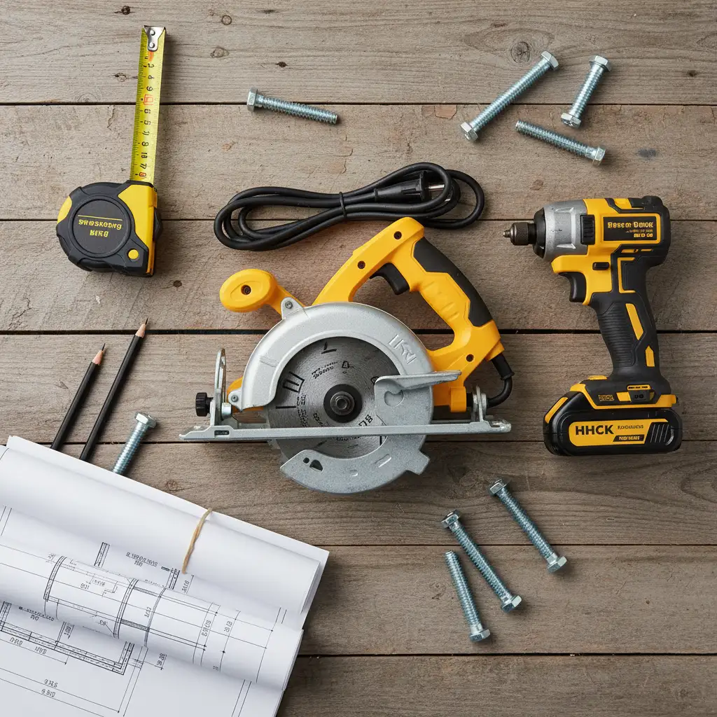 Construction tools and hardware layout for pergola building