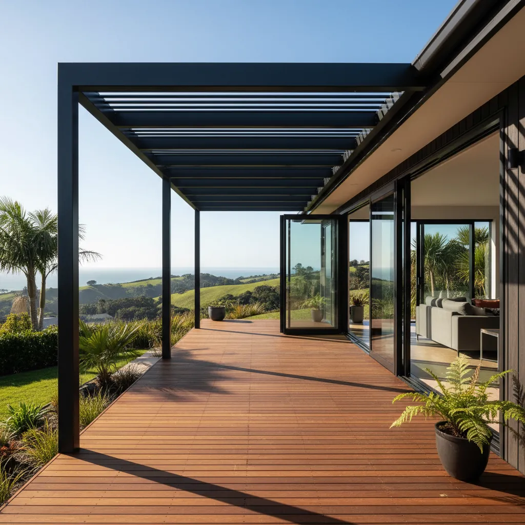 Modern steel pergola NZ attached to a luxury home