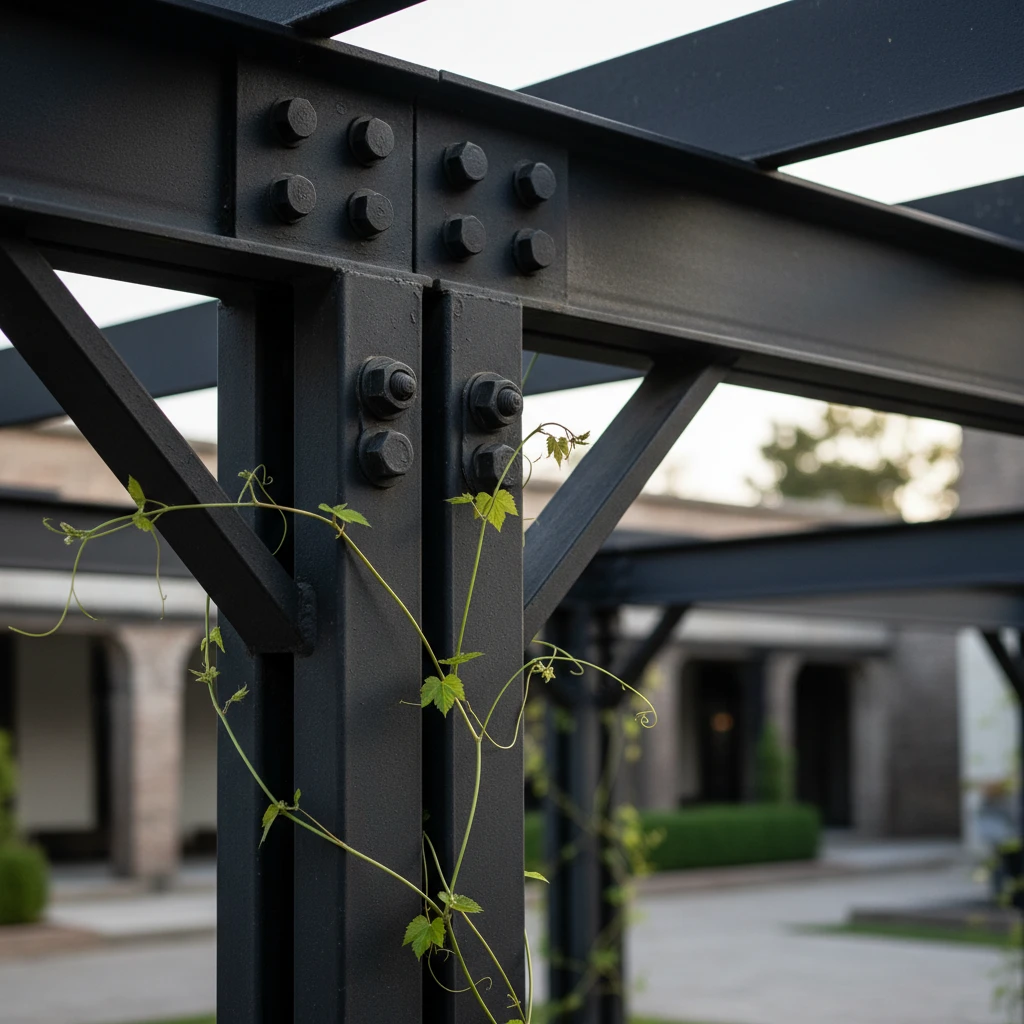 Industrial design details of a steel pergola frame