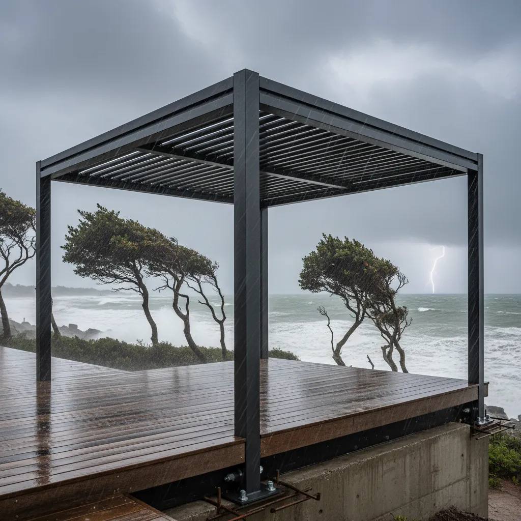 Wind rated louvered pergola coastal installation