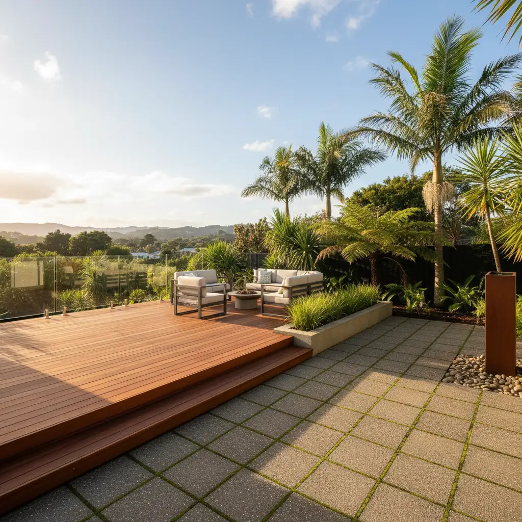Comparison of timber decking and concrete pavers in a NZ garden