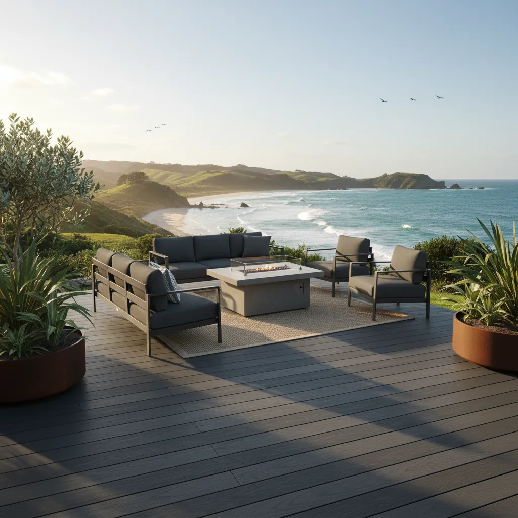 Low maintenance composite decking with coastal view