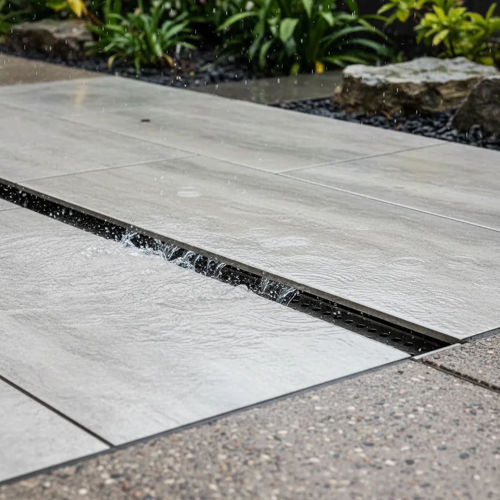 Linear drainage channel installation in outdoor patio