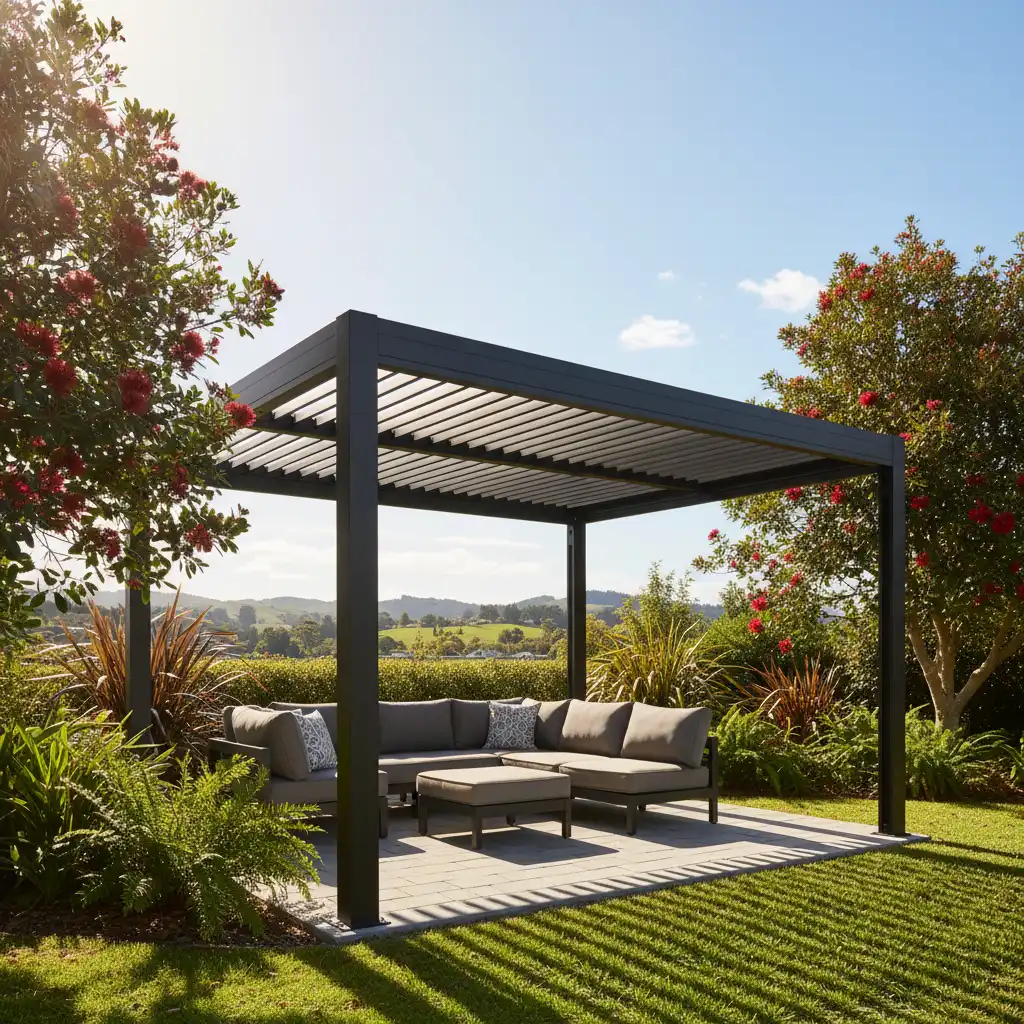 Modern aluminium kitset pergola NZ with louvre roof