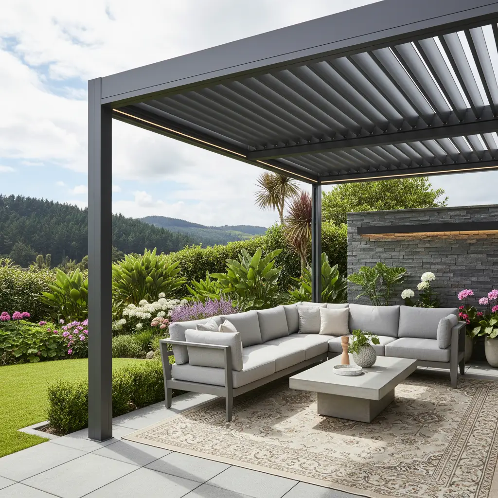 Modern motorised aluminium pergola in a New Zealand garden setting
