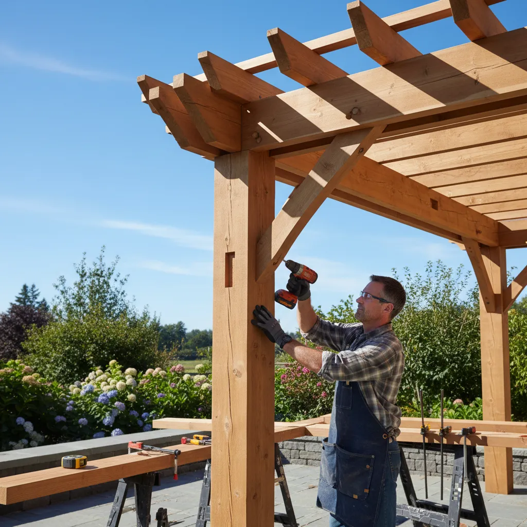 Construction of a timber pergola showing structural beams