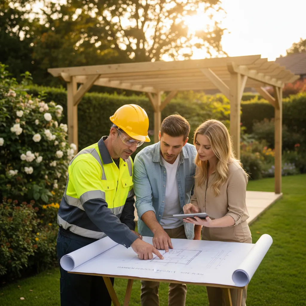 Builder discussing pergola plans with homeowners
