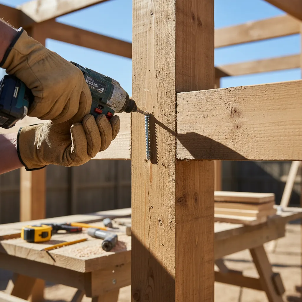 Construction detail of timber pergola installation