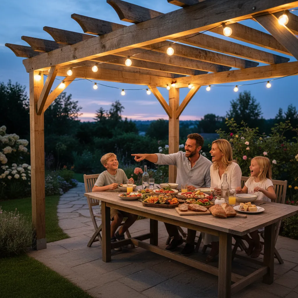 Family dining under a completed pergola in the evening