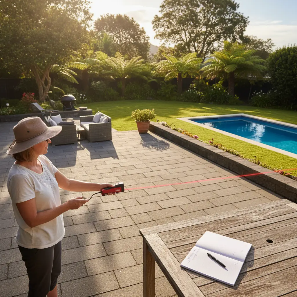 Homeowner measuring patio dimensions to request pergola quote