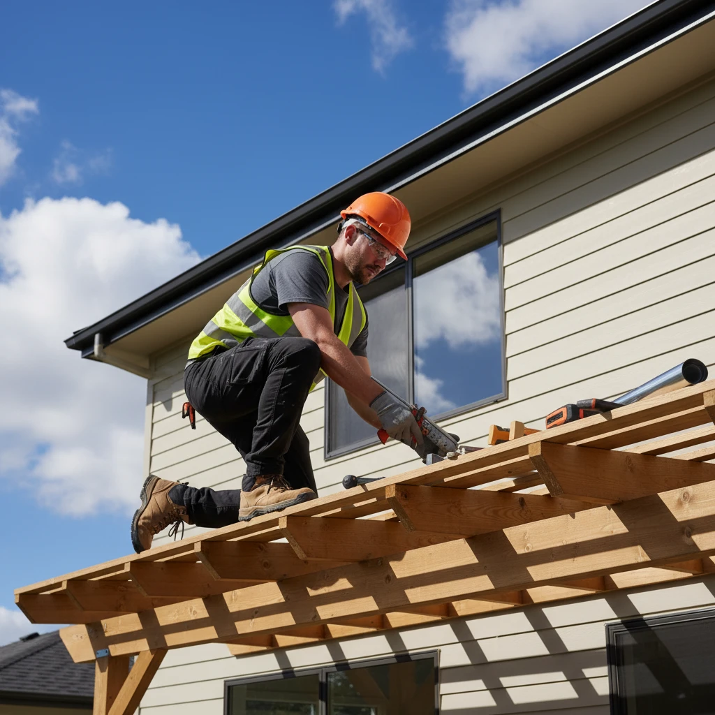 Professional builder installing pergola roof flashing