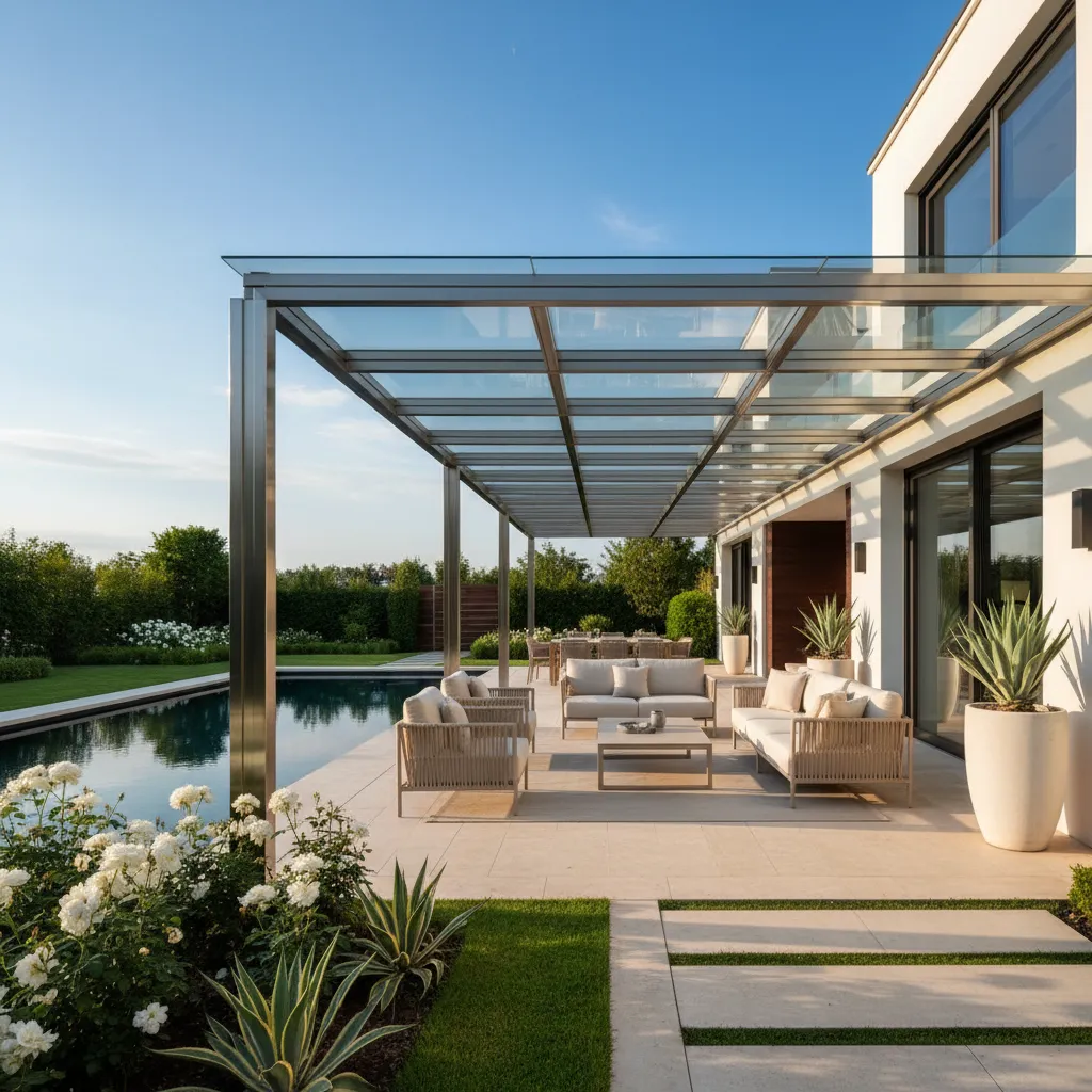 Modern glass pergola patio cover providing shelter and style