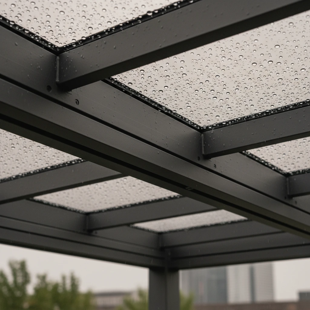 Tinted glass pergola roof detail showing rain protection