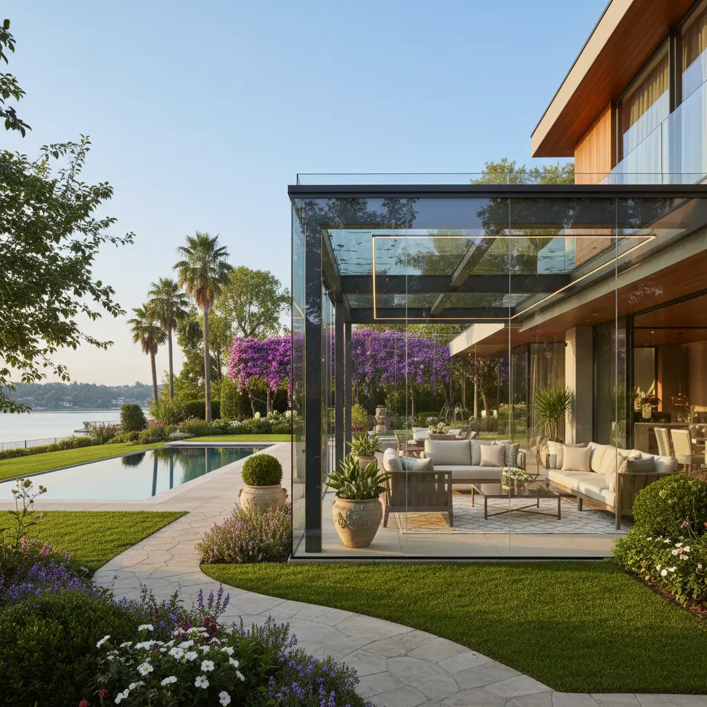 High-value glass pergola adding luxury to a backyard