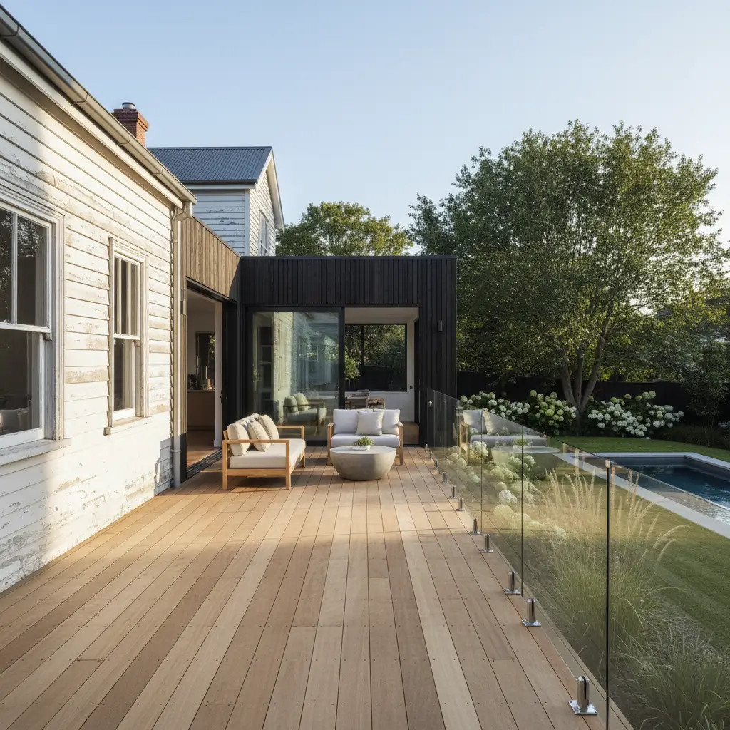 Modern deck extension on rear of heritage home