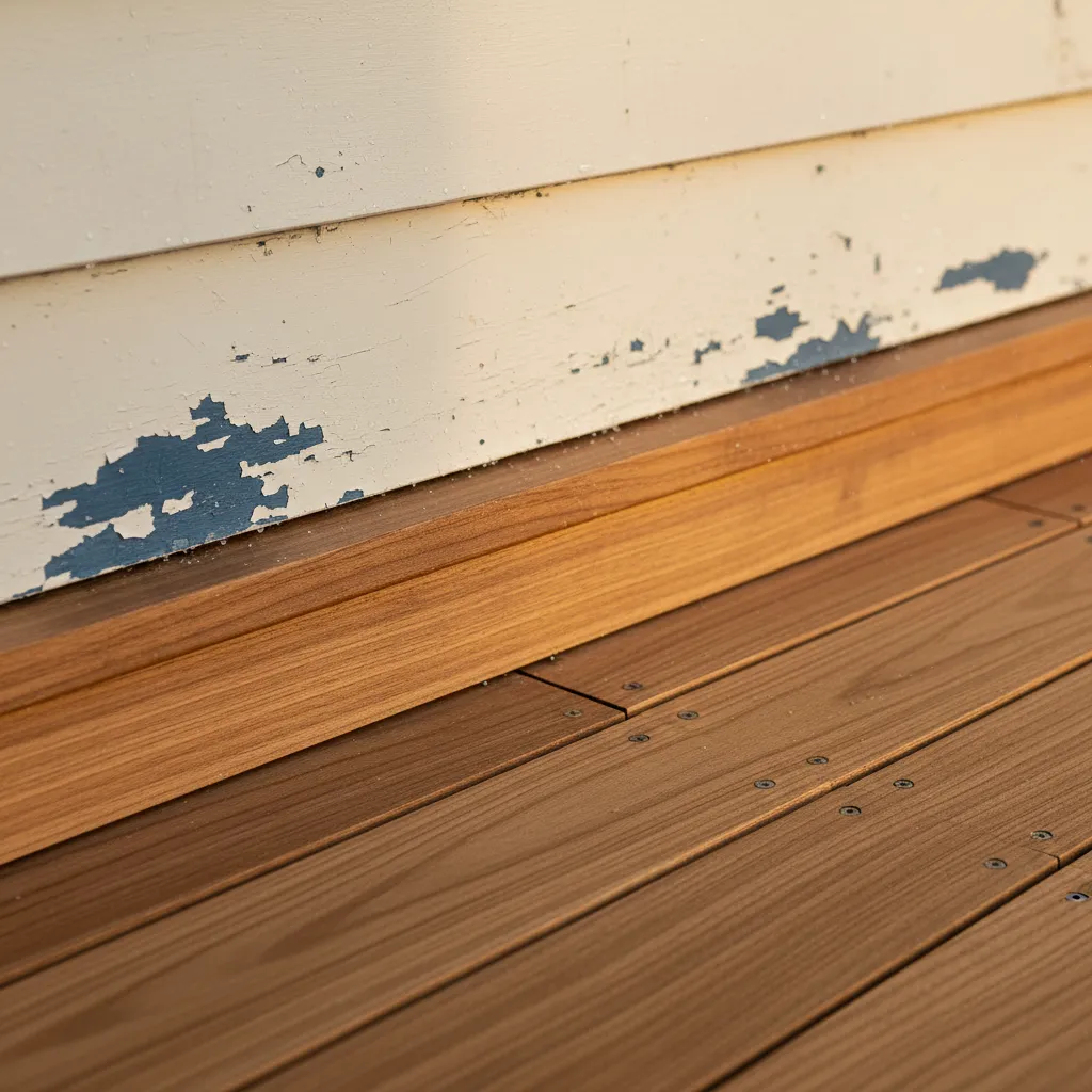 Detail of timber decking meeting heritage cladding