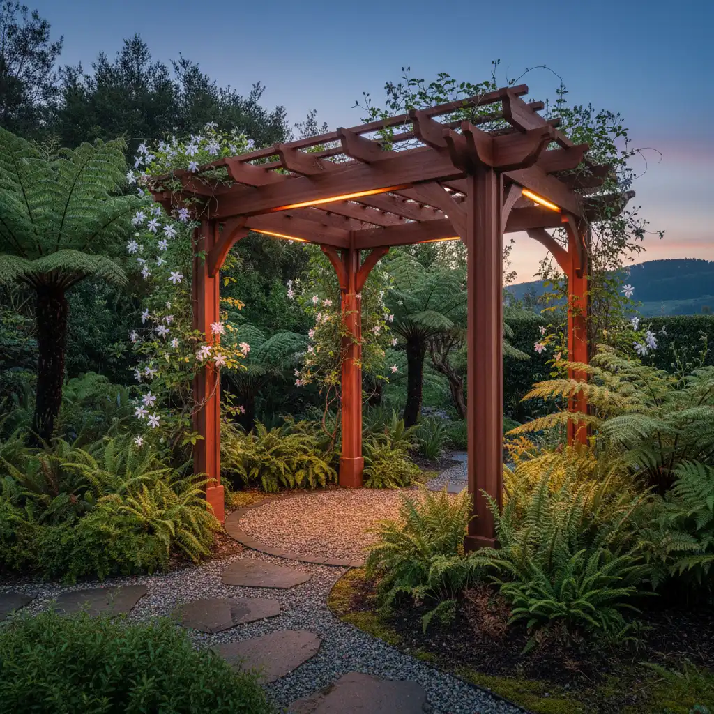 Traditional timber pergola in New Zealand garden setting
