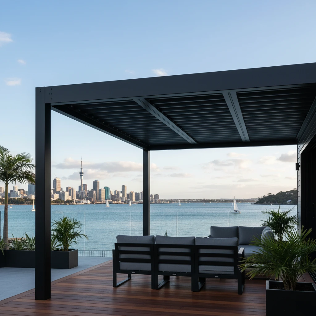 Modern black aluminium pergola on Auckland waterfront
