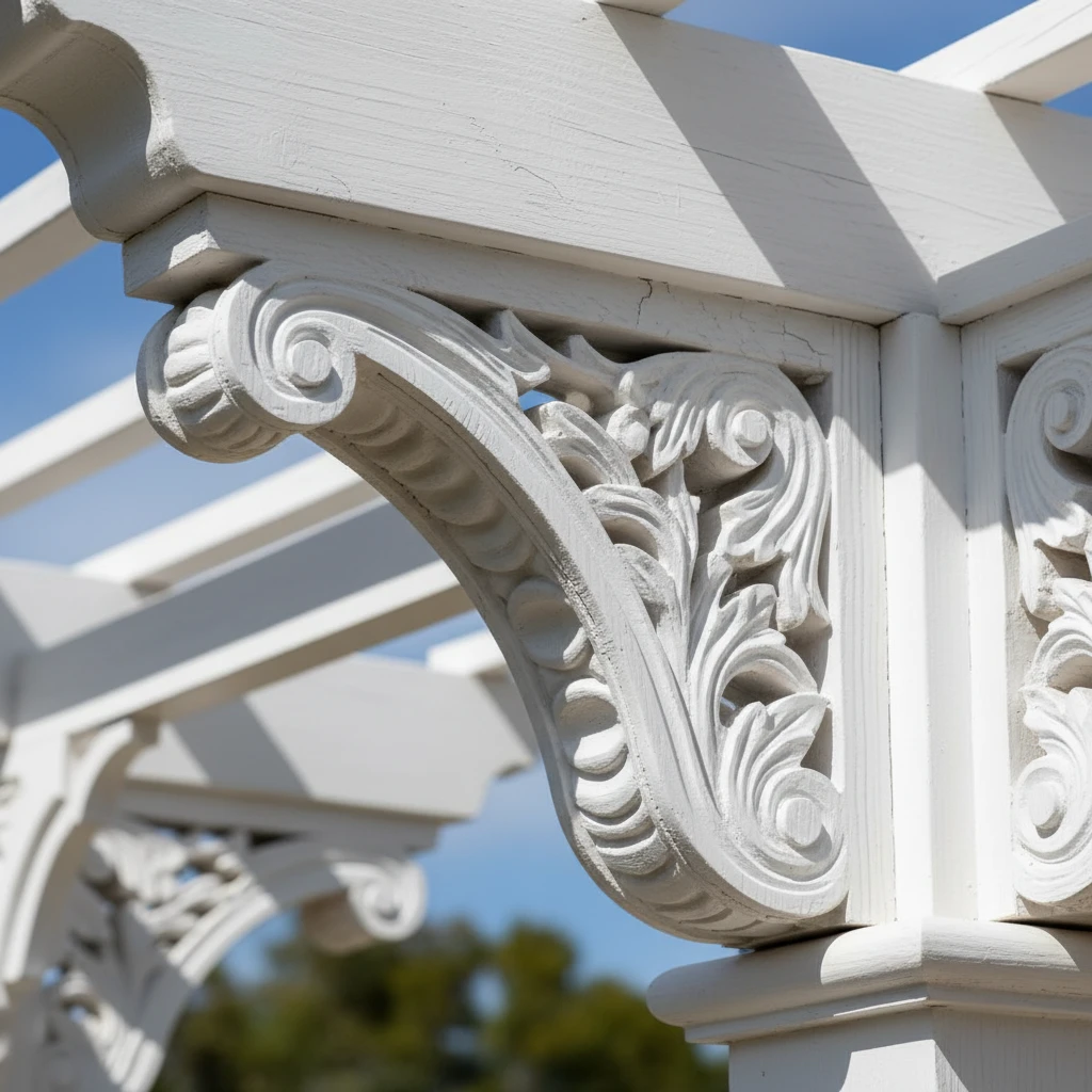 Detailed timber scrollwork on a heritage pergola
