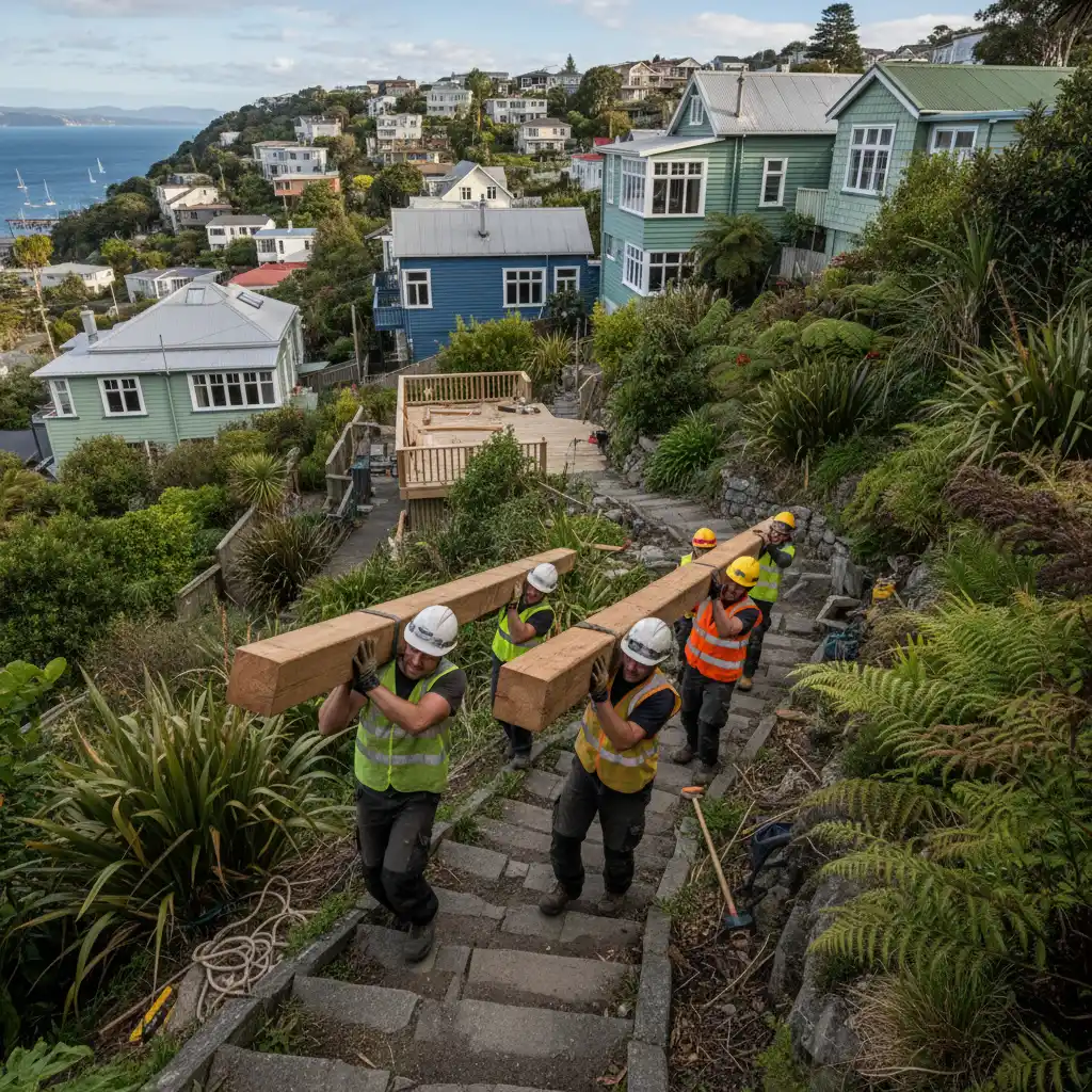 Builders moving materials for pergola construction on a steep Wellington site