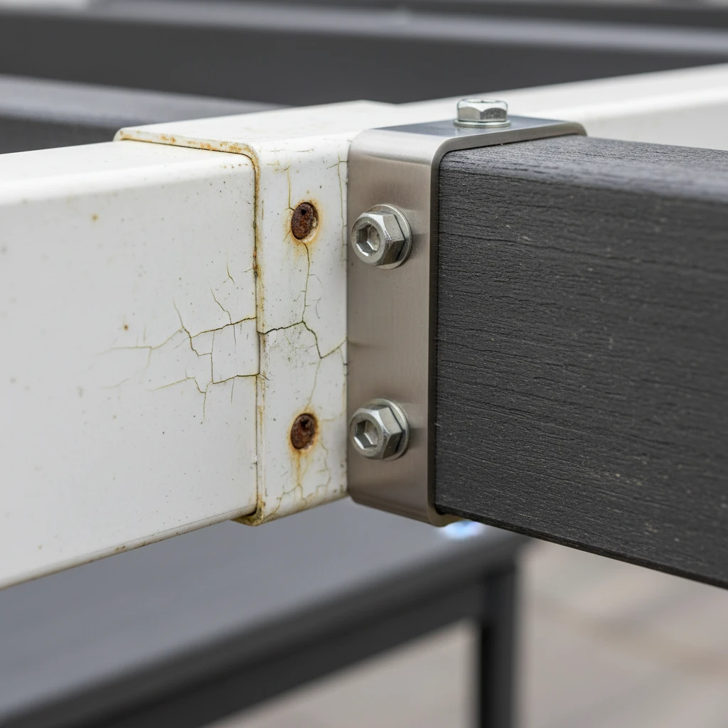 Cracked plastic joinery on budget pergola vs hidden stainless fixings