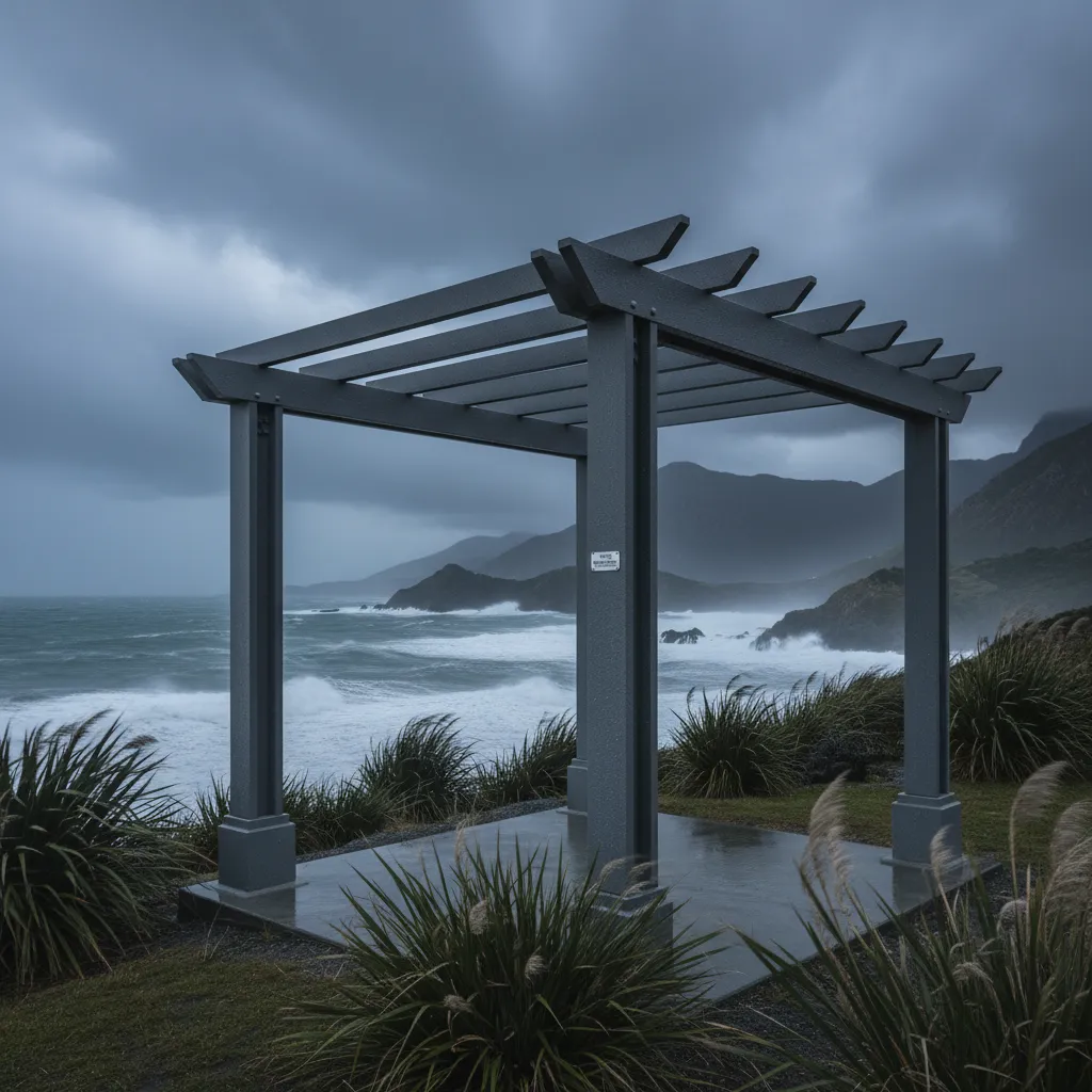 Heavy duty pergola structure withstanding New Zealand coastal wind conditions