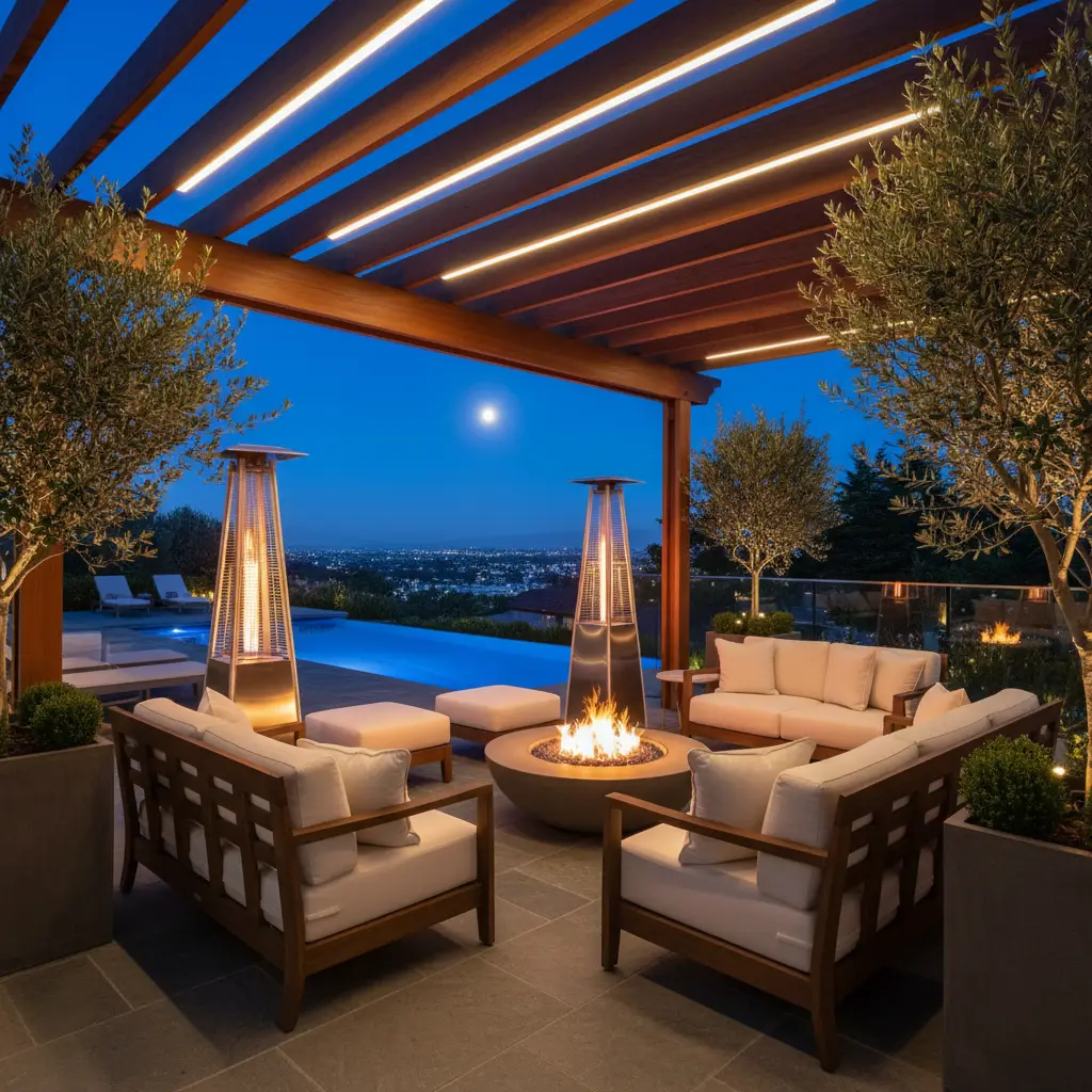 Custom pergola with integrated LED lighting and outdoor heating systems