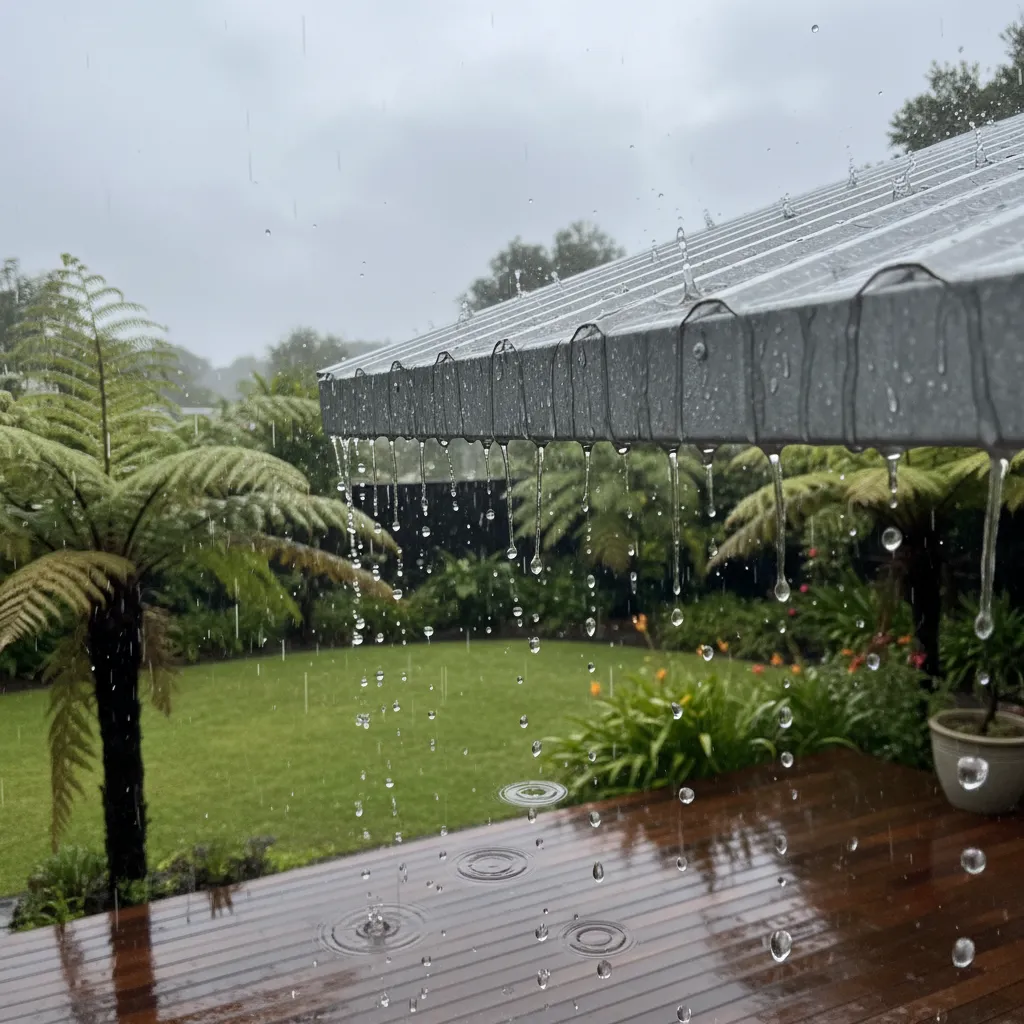 Rain falling on a metal pergola roof in New Zealand