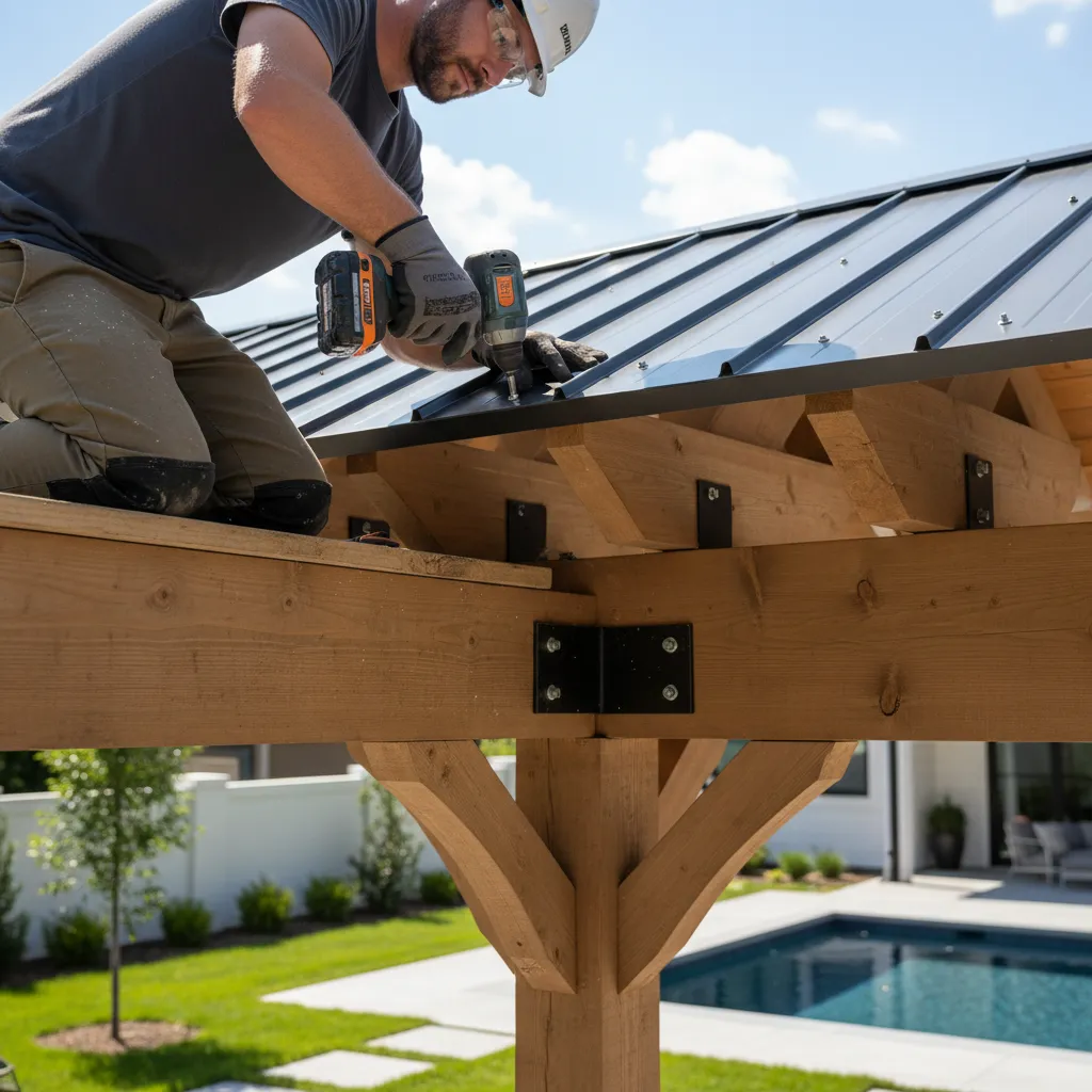 Contractor installing metal roofing on a pergola frame
