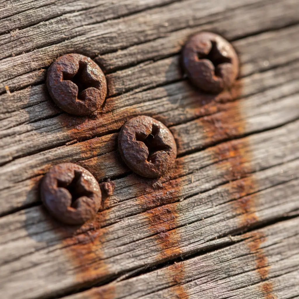 Rusted low-quality deck screws showing early failure